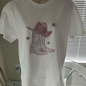 Gildan White T-Shirt with Pink Boot Design